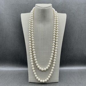 Graziano Long Faux Pearl Necklace Silver Tone Chain Logo Tag Opera Length Beaded